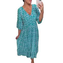 Bohemian Casual Print V-Ausschnitt Elastische Taille Wrap Langes Kleid, Elegante Print Maxi Kleid Für Frauen Sommer Loose Rüschen Ärmel Strandkleider (Blue,2XL) von MAOAEAD
