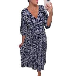 Bohemian Casual Print V-Ausschnitt Elastische Taille Wrap Langes Kleid, Elegante Print Maxi Kleid Für Frauen Sommer Loose Rüschen Ärmel Strandkleider (Navy,L) von MAOAEAD