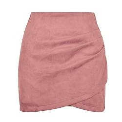 MAOAEAD Damen A-Linie Minirock Hohe Taille Pack Hüftrock Wildleder Einfarbig Plissee Kreuz Reißverschluss Kurzes Kleid, Rose von MAOAEAD