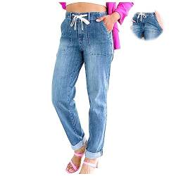 MAOAEAD Frauen Pull On Denim Jogger mit Kordelzug Elastische Taille Stretch Hosen Casual Hi-Rise Pull-On Jeans für Frauen (Blue,2XL) von MAOAEAD