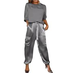 MAOAEAD Glattes Satin-Oberteil und Hose, Set mit halblangen Ärmeln, Oberteil und Hose, zweiteiliges Outfit für Damen, glattes Satin, Oberteil und Hose, grau, 54 von MAOAEAD