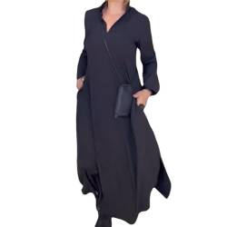 MAOAEAD Langes Kleid mit seitlichem Schlitz, Revers, lässig, einfarbig, V-Ausschnitt, langärmelig, elegantes Damen-Maxikleid mit Taschen, Schwarz , Medium von MAOAEAD