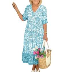 MAOAEAD V-Ausschnitt Bohemian Kleid Casual Print V-Ausschnitt Langes Kleid für Frauen Elegant Große Größe V-Ausschnitt Floral Halbarm Kleider, seeblau, X-Large von MAOAEAD