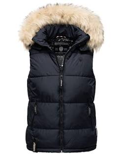 MARIKOO Damen Winter Weste Steppweste mit Kapuze und Fellkragen B896 [B896-Eisflöckchen-Navy-Gr.M] von MARIKOO