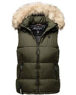 MARIKOO Damen Winter Weste Steppweste mit Kapuze und Fellkragen B896 [B896-Eisflöckchen-Olive-Gr.M] von MARIKOO