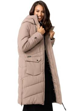 MARIKOO Damen Winterjacke gesteppt lang gesteppte Winter Jacke warm Kapuze B984 [B984-Tomom-Taupe-Grey-Gr.L] von MARIKOO