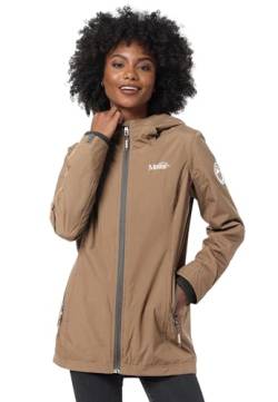 MARIKOO Übergangsjacke Damen (XS-XXL) - Atmungsaktiv, Innen Samtweicher Stoff, Kapuze, Winddicht - leichte Jacke lang - Stehkragen, 3 Taschen, verlängerter Zipper - Taupe S von MARIKOO