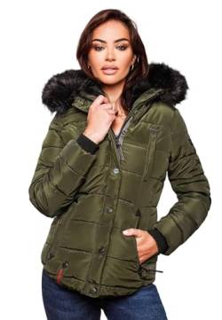 MARIKOO warme Damen Winter Jacke Winterjacke Steppjacke gefüttert Kunstfell B618 [B618-Lotus-Olive-Gr.XS] von MARIKOO