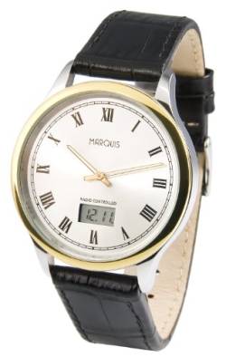 MARQUIS Elegante Bicolor Herren Funkuhr Edelstahlgehäuse, Armband aus echtem Leder 964.4810 von MARQUIS