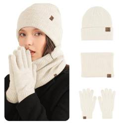 MARUKO Mütze Schal Handschuhe Damen Set Winter Warm Beanie Mütze Touchscreen Handschuhe und Schal Set mit Fleecefutter Wintermütze Winterschal Winterhandschuhe (Beige) von MARUKO