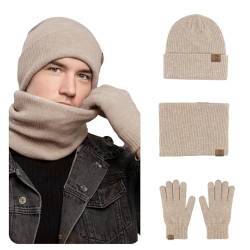 MARUKO Mütze Schal Handschuhe Set Herren Winter Warm Beanie Mütze Schal und Touchscreen Handschuhe Set mit Fleece Gefüttert Strickmütze Winterhandschuhe Schlauchschal Set (Khaki) von MARUKO