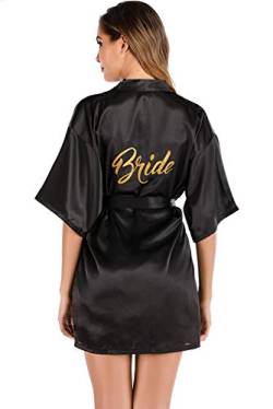 MARYSAY Damen Kimono Morgenmantel Kurz Stain Robe Sexy V Ausschnitt Bademantel Nachtwäsche mit Gürtel für Party Hochzeit Braut Schwarz XXL von MARYSAY