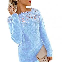 MARYSHARON Damen-Pullover, einfarbig, langärmelig, Rundhalsausschnitt, florale Spitze, Übergröße, Pullover, blau, X-Groß von MARYSHARON