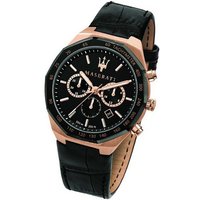 MASERATI Chronograph Maserati Leder Armband-Uhr, Herrenuhr Lederarmband, rundes Gehäuse, groß (ca. 45mm) schwarz von MASERATI
