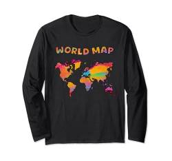 Bunte, handgezeichnete Weltkarte, farbig in hellen Farben Langarmshirt von MASH MOSH