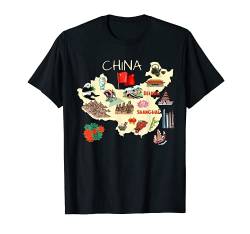 China-Karte für Reisen, traditionelle chinesische Symbole, Sehenswürdigkeiten T-Shirt von MASH MOSH