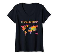 Damen Bunte, handgezeichnete Weltkarte, farbig in hellen Farben T-Shirt mit V-Ausschnitt von MASH MOSH