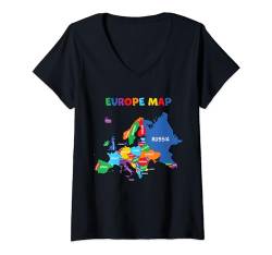 Damen Bunte vereinfachte Karte des europäischen Kontinents, Ländernamen T-Shirt mit V-Ausschnitt von MASH MOSH