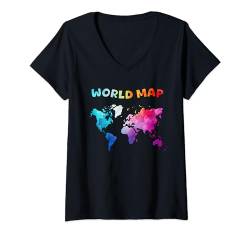 Damen Handgezeichnete Doodle-Weltkarte mit Aquarell T-Shirt mit V-Ausschnitt von MASH MOSH