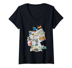 Damen Tourist illustrierte Landkarte Deutschland, Großstädte, Sehenswürdigkeiten T-Shirt mit V-Ausschnitt von MASH MOSH