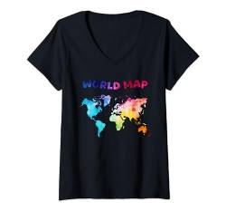 Damen handgezeichnete Weltkarte mit Aquarell T-Shirt mit V-Ausschnitt von MASH MOSH