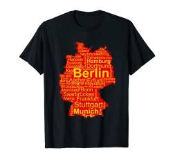 Deutschland-Karte, Städtenamen, Wort Wolke, Farben der deutschen Flagge T-Shirt von MASH MOSH