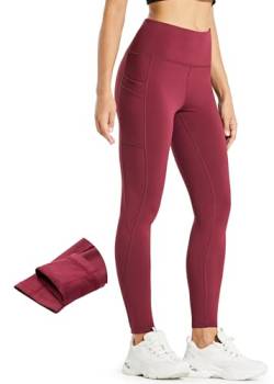 MASKERT Damen Thermo Leggings Gefütterte Warm Laufhose Wasserdicht Sport Tights Fleece Yogahose Winter Thermoleggings mit Taschen, Rubinwein, Medium von MASKERT