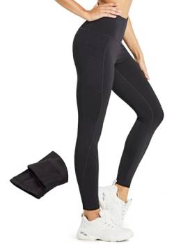 MASKERT Damen Thermo Leggings Gefütterte Warm Laufhose Wasserdicht Sport Tights Fleece Yogahose Winter Thermoleggings mit Taschen, Schwarz, Small von MASKERT