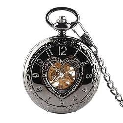 MASKIS Taschenuhr, Retro-Taschenuhr, Retro, schwarz, Herzform, halber Jäger, mechanisch, 30 cm, Kette, Taschenanhänger, Uhr, Geschenk für Männer und Frauen von MASKIS