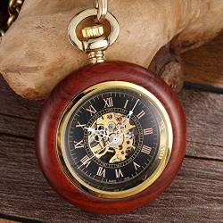 MASKIS Taschenuhr Einzigartiges Holzgehäuse Mechanische Taschenuhr Handaufzug Steampunk Skelett Taschenuhr Kette Römer Halskette Anhänger für Männer Frauen, Schwarz von MASKIS