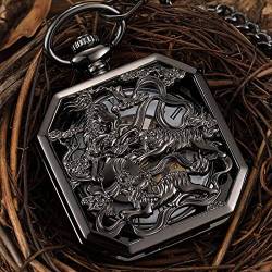 MASKIS Taschenuhr Quadratisch Mechanische Taschenuhr Herren Schwarz Lucky Chinese Kirin Fighting Tigers China Animal Brave Symbol Pendant Chain Fob Clock von MASKIS