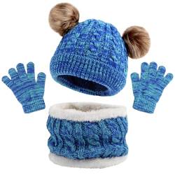 MASOCIO Kinder Schal Mütze Handschuhe Mädchen Junge Wintermütze Winter Herbst Warme Babymütze 3 4 5 Kindermützen mit Bommel Baby Kleinkind Strickmütze Fleece Beanie Hat 2-6 Jahr Blau von MASOCIO