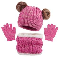 MASOCIO Kinder Schal Mütze Handschuhe Mädchen Wintermütze Winter Herbst Warme Babymütze 3 4 5 Kindermützen mit Bommel Baby Kleinkind Strickmütze Fleece Beanie Hat 2-6 Jahr Rosa von MASOCIO