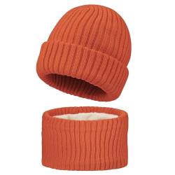 MASOCIO Wintermütze Kinder Mütze Schal Set Junge Mädchen Winter Herbst Warme Babymütze Kindermützen Baby Loop Strickmütze 3 4 5 6 Fleece Beanie Hat 2-8 Jahr Orange (Herstellergröße M) von MASOCIO