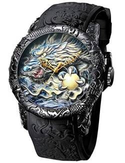 Herren-Armbanduhr mit großem Zifferblatt, 3D-Skulptur, Drachen, Quarzuhren, luxuriös, exquisit, kreative Armbanduhr, Mode/Schwarz, 50 mm, Quarzuhren von MASTOP