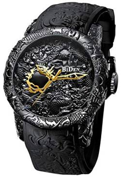 Herren-Armbanduhr mit großem Zifferblatt, 3D-Skulptur, Drachen, Quarzuhren, luxuriös, exquisit, kreative Armbanduhr, Schwarz, Quarzuhren von MASTOP