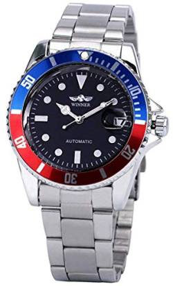 Herren-Automatikuhr, luxuriös, Edelstahl, klassische drehbare Lünette, Kleid Armbanduhr mit Kalender Black red blue von MASTOP