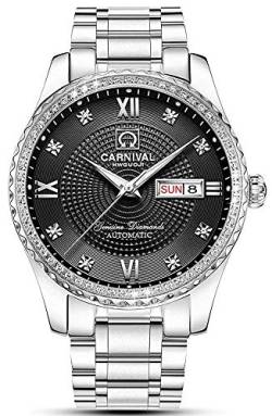 MASTOP Automatikuhren für Herren Luxus Gold Silber Edelstahl Uhr Mode Diamant Kleid Armbanduhren, silber, schwarz, Classic von MASTOP