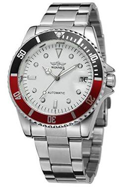 MASTOP Herren-Armbanduhr, automatisch, mechanisch, Vollstahl, wasserdicht, mit Kalender, Silber Weiß Rot, Mechanisch von MASTOP