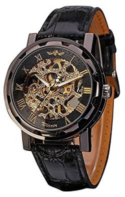 MASTOP Herren Retro Minimalistische Mechanische Armbanduhr Lederband Römische Zahlen Transparentes Zifferblatt Skelett Uhr, Schwarz Gold, Mechanische Skelett-Armbanduhr von MASTOP