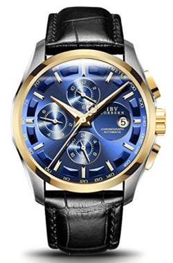 MASTOP Swiss Brands Herren-Armbanduhr Automatik Edelstahl mit braunem Echtlederband, Blau, Mechanisch, selbstaufziehend von MASTOP