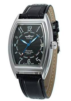 Rechteckige Armbanduhr, automatisch, mechanisch, wasserdicht, schwarzes Leder mit Edelstahl-Uhren für Herren, Schwarz, Mechanisch von MASTOP