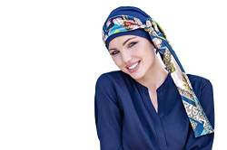 MASUMI - Damen Mütze für Chemotherapie, Krebspatienten und Frauen mit Haarausfall - Turban-Stil - aus Bambus (Dunkelblau/Samt/Fiori Rossi) - Yanna von MASUMI