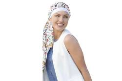 MASUMI - Damen Mütze für Chemotherapie, Krebspatienten und Frauen mit Haarausfall - Turban-Stil - aus Bambus (Weiß/Sommermotiv) - Yanna von MASUMI