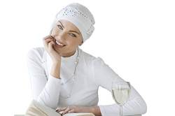 MASUMI - Damen Mütze für Chemotherapie, Krebspatienten und Frauen mit Haarausfall - Turban-Stil - aus Bambus (Weiß/Spiralenmuster) - Yanna von MASUMI