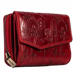 MATADOR RFID Blocker Leder Portemonnaie Damen Gross | Geldbeutel Portmonee Damen mit Geschenk-Box | Damen Geldbörse Damen Leder Mittelgroß Viele Fächer | Geldtasche Brieftasche Damen | Blumen Rot von MATADOR