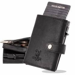 MATADOR Slim Wallet Tokio – Leder Kreditkartenetui mit POP-UP Kartenhalter - mit RFID-Schutz & Münzfach - Mini Geldbeutel Klein - kleines Karten Portemonnaie mit Geschenkverpackung Schwarz von MATADOR