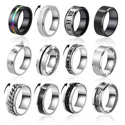 MATTE MAISA 12 Stück Edelstahl Herren Ringe Silber Matt Finish Poliert Band Ringe Ketten Ringe Flaschenöffner Ringe Ehering Verlobungsringe Vintage Fidget Ring für Männer Damen 54 von MATTE MAISA