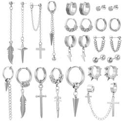 MATTE MAISA 26 Stück Edelstahl Ohrringe für Männer Herren Schwarz Silber Kreuz Feder Anhänger Ketten Cool Kpop Creolen Ohrringe Ohrstecker Set von MATTE MAISA