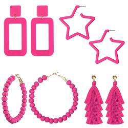 MATTE MAISA 4 Paar 80er Jahre Statement Pink Ohrringe für Frauen Mädchen Baumeln Geometrische Boho Lange Quasten Fransen Retro Stern Creolen Set von MATTE MAISA